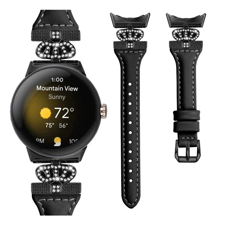 For Google Pixel Watch / Watch 2 Black Buckle Watch Strap Crown Rhinestone Connector Wrist Band