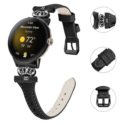 For Google Pixel Watch / Watch 2 Black Buckle Watch Strap Crown Rhinestone Connector Wrist Band