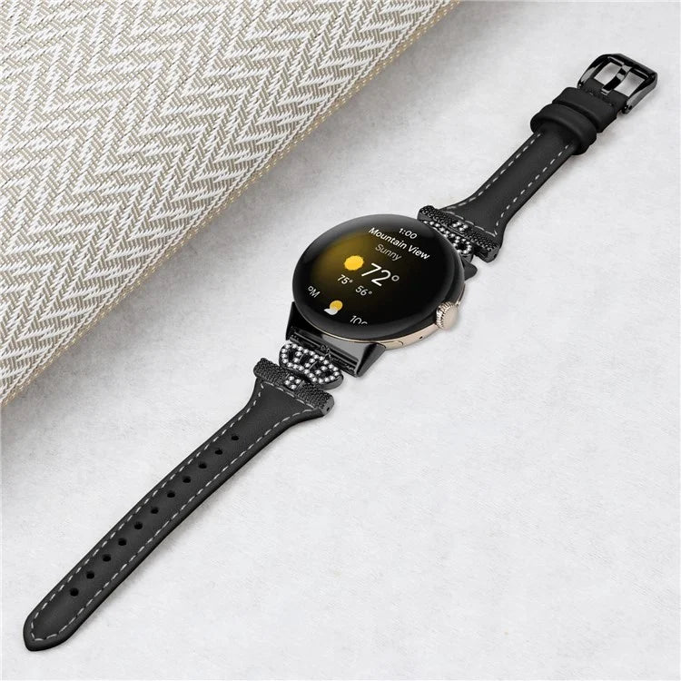 For Google Pixel Watch / Watch 2 Black Buckle Watch Strap Crown Rhinestone Connector Wrist Band
