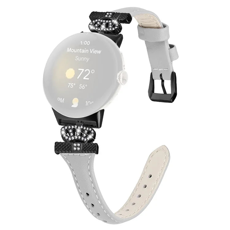 For Google Pixel Watch / Watch 2 Black Buckle Watch Strap Crown Rhinestone Connector Wrist Band