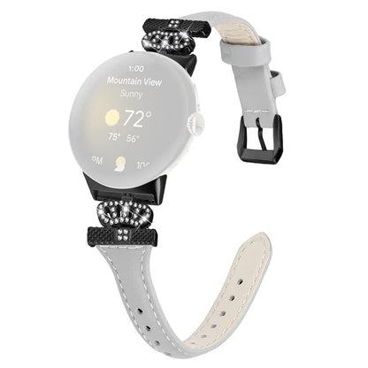 For Google Pixel Watch / Watch 2 Black Buckle Watch Strap Crown Rhinestone Connector Wrist Band