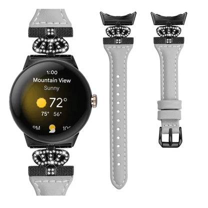 For Google Pixel Watch / Watch 2 Black Buckle Watch Strap Crown Rhinestone Connector Wrist Band