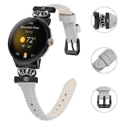 For Google Pixel Watch / Watch 2 Black Buckle Watch Strap Crown Rhinestone Connector Wrist Band