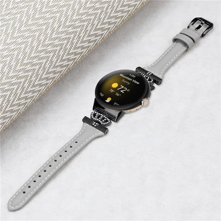 For Google Pixel Watch / Watch 2 Black Buckle Watch Strap Crown Rhinestone Connector Wrist Band