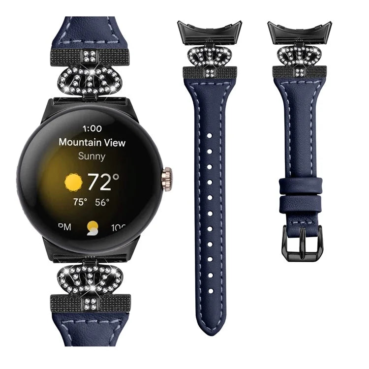 For Google Pixel Watch / Watch 2 Black Buckle Watch Strap Crown Rhinestone Connector Wrist Band