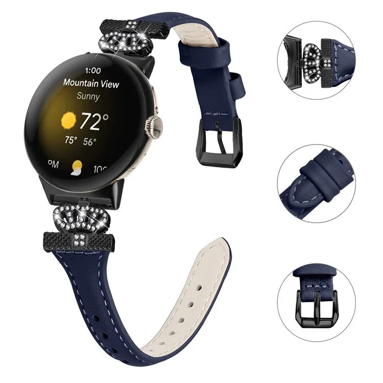 For Google Pixel Watch / Watch 2 Black Buckle Watch Strap Crown Rhinestone Connector Wrist Band