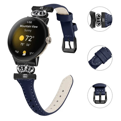 For Google Pixel Watch / Watch 2 Black Buckle Watch Strap Crown Rhinestone Connector Wrist Band