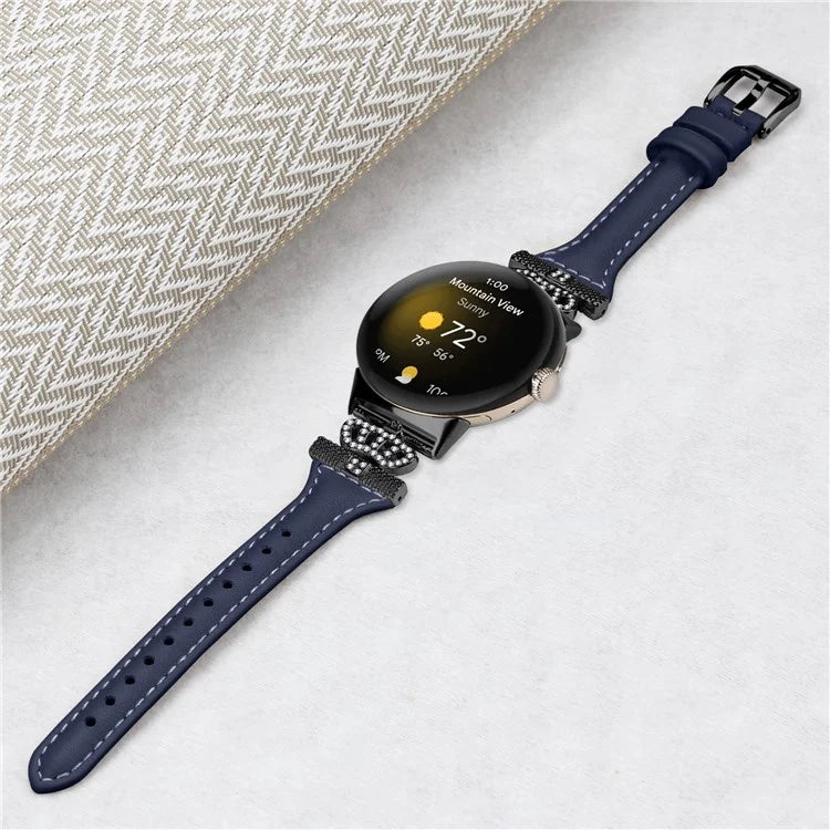 For Google Pixel Watch / Watch 2 Black Buckle Watch Strap Crown Rhinestone Connector Wrist Band