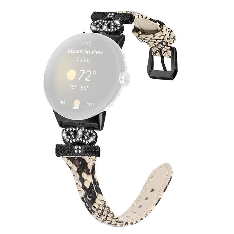 For Google Pixel Watch / Watch 2 Black Buckle Watch Strap Crown Rhinestone Connector Wrist Band