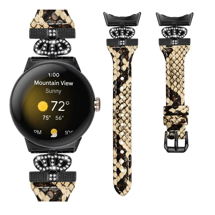 For Google Pixel Watch / Watch 2 Black Buckle Watch Strap Crown Rhinestone Connector Wrist Band
