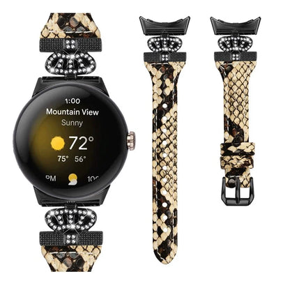 For Google Pixel Watch / Watch 2 Black Buckle Watch Strap Crown Rhinestone Connector Wrist Band