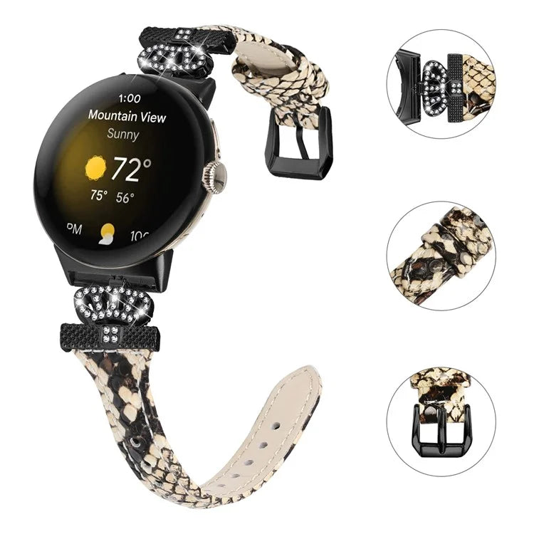For Google Pixel Watch / Watch 2 Black Buckle Watch Strap Crown Rhinestone Connector Wrist Band