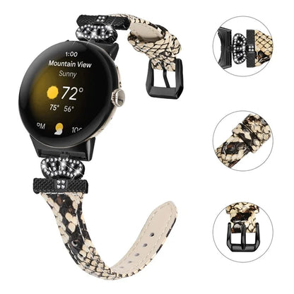 For Google Pixel Watch / Watch 2 Black Buckle Watch Strap Crown Rhinestone Connector Wrist Band