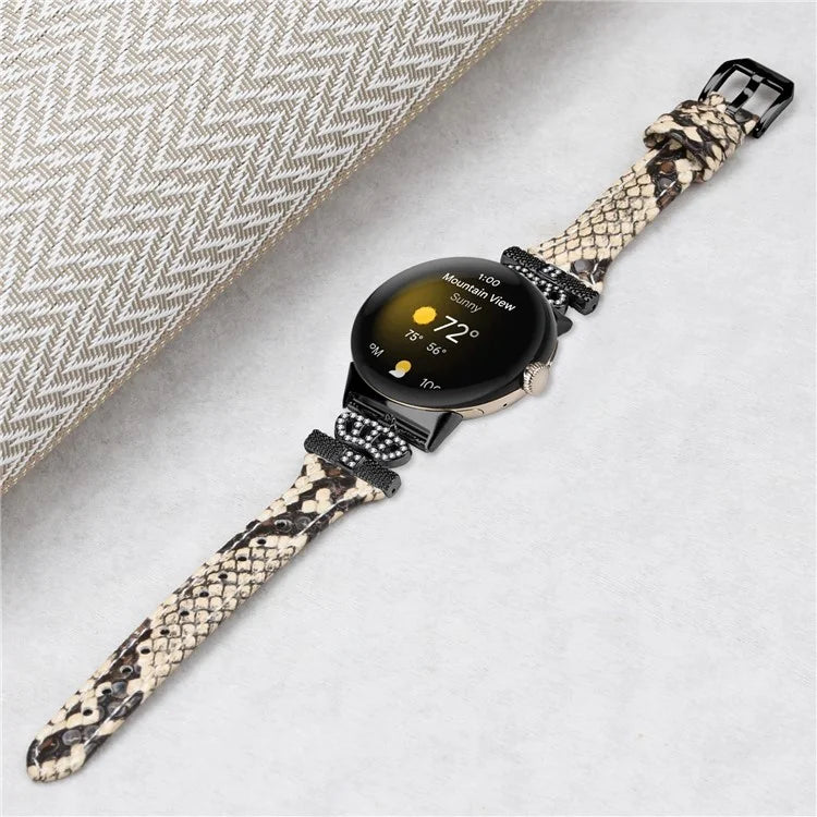 For Google Pixel Watch / Watch 2 Black Buckle Watch Strap Crown Rhinestone Connector Wrist Band