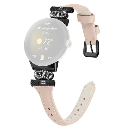 For Google Pixel Watch / Watch 2 Black Buckle Watch Strap Crown Rhinestone Connector Wrist Band
