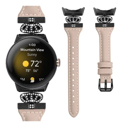 For Google Pixel Watch / Watch 2 Black Buckle Watch Strap Crown Rhinestone Connector Wrist Band