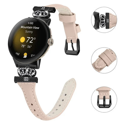 For Google Pixel Watch / Watch 2 Black Buckle Watch Strap Crown Rhinestone Connector Wrist Band