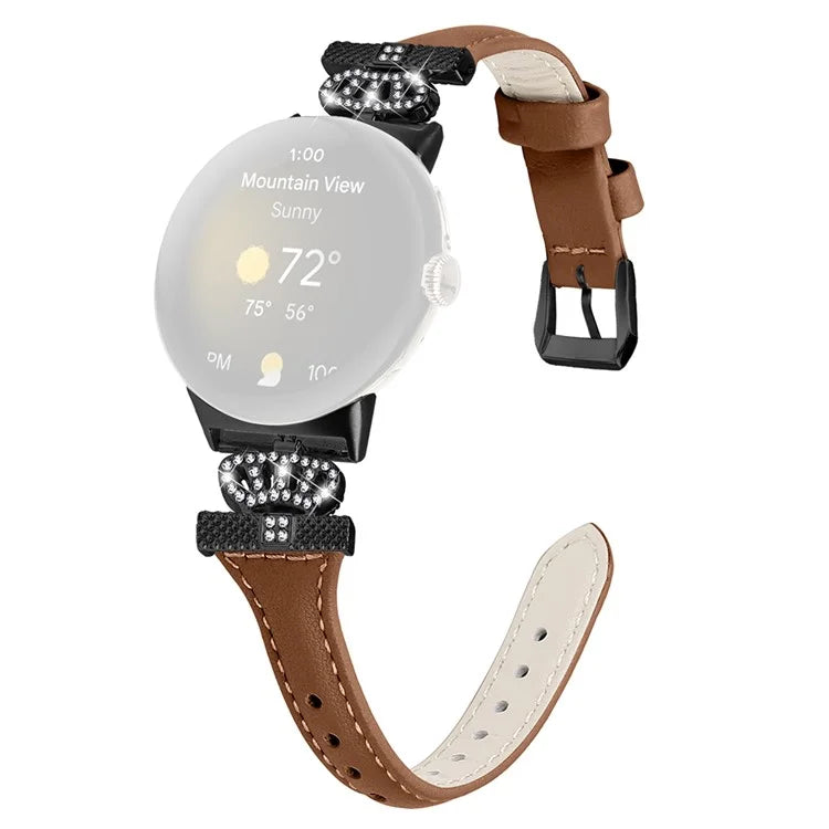 For Google Pixel Watch / Watch 2 Black Buckle Watch Strap Crown Rhinestone Connector Wrist Band