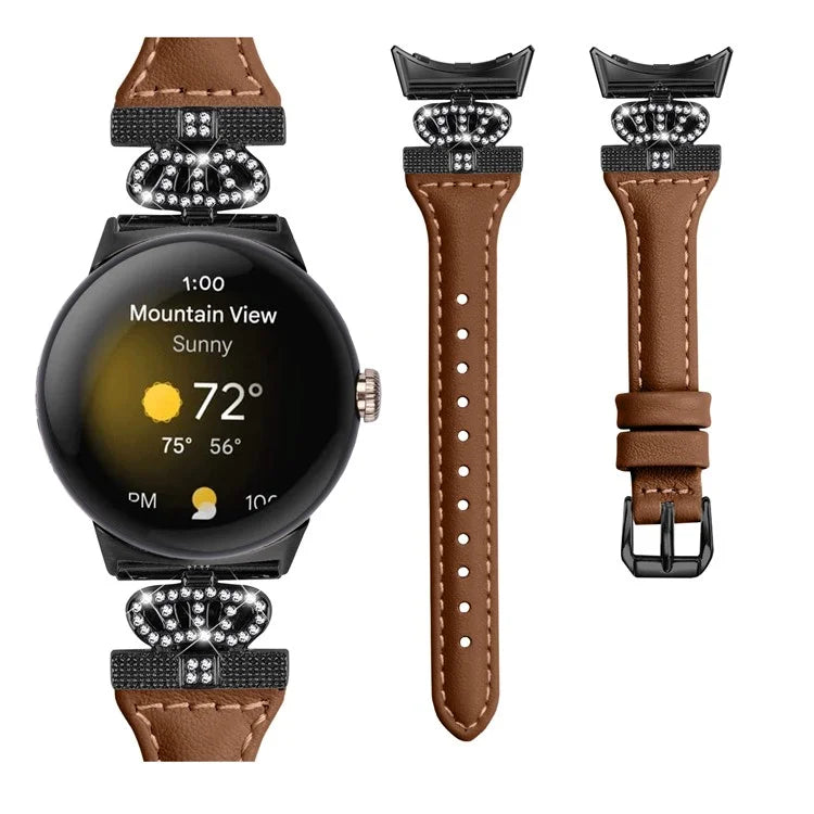 For Google Pixel Watch / Watch 2 Black Buckle Watch Strap Crown Rhinestone Connector Wrist Band