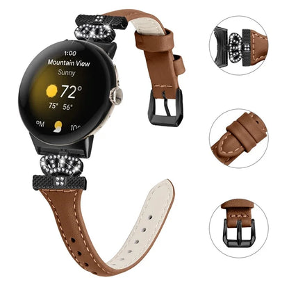 For Google Pixel Watch / Watch 2 Black Buckle Watch Strap Crown Rhinestone Connector Wrist Band