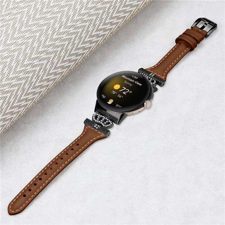 For Google Pixel Watch / Watch 2 Black Buckle Watch Strap Crown Rhinestone Connector Wrist Band