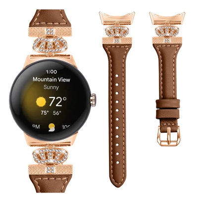 For Google Pixel Watch / Watch 2 Rose Gold Buckle Watch Band Strap with Crown-Shape Connector