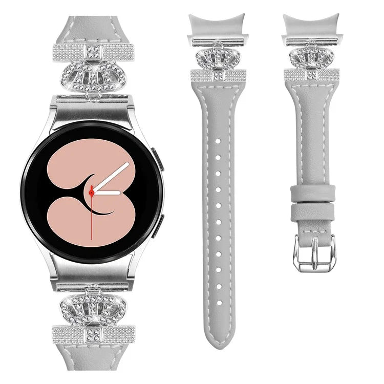 For Samsung Galaxy Watch6 44mm / Watch6 Classic 43mm / 47mm Watch Band Silver Buckle Leather Watch Strap
