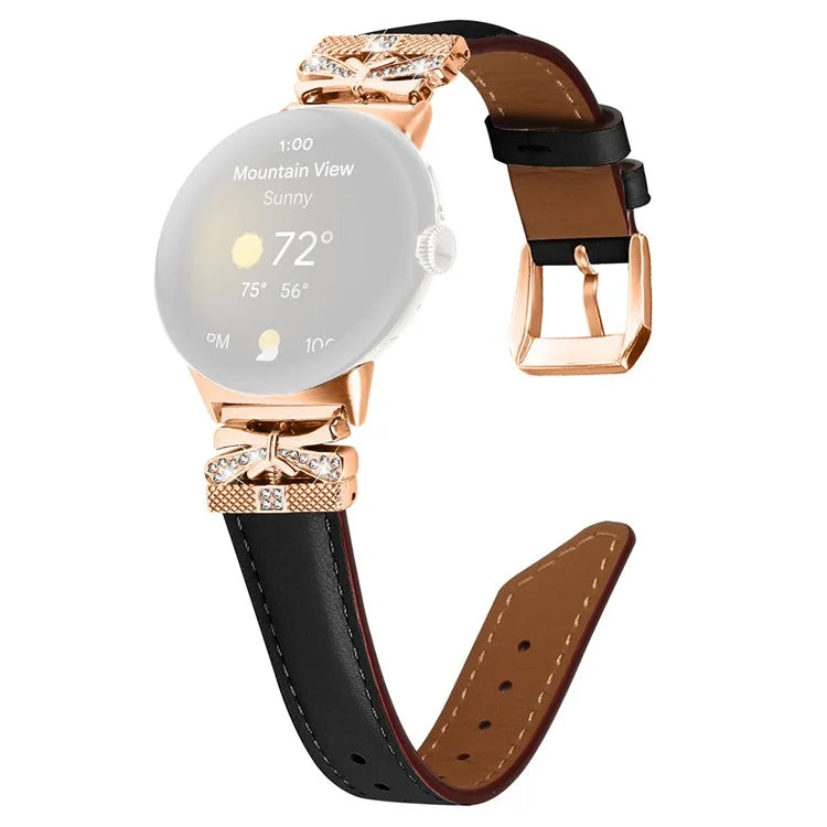 For Google Pixel Watch Genuine Cowhide Leather Watch Strap Rhinestone Design (Rose Gold Buckle)