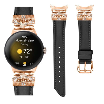 For Google Pixel Watch Genuine Cowhide Leather Watch Strap Rhinestone Design (Rose Gold Buckle)
