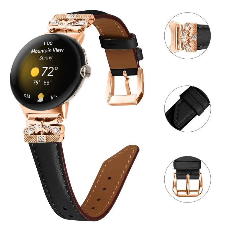 For Google Pixel Watch Genuine Cowhide Leather Watch Strap Rhinestone Design (Rose Gold Buckle)