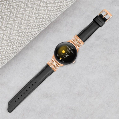 For Google Pixel Watch Genuine Cowhide Leather Watch Strap Rhinestone Design (Rose Gold Buckle)