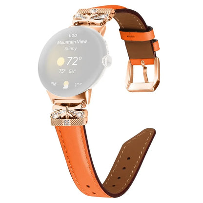 For Google Pixel Watch Genuine Cowhide Leather Watch Strap Rhinestone Design (Rose Gold Buckle)