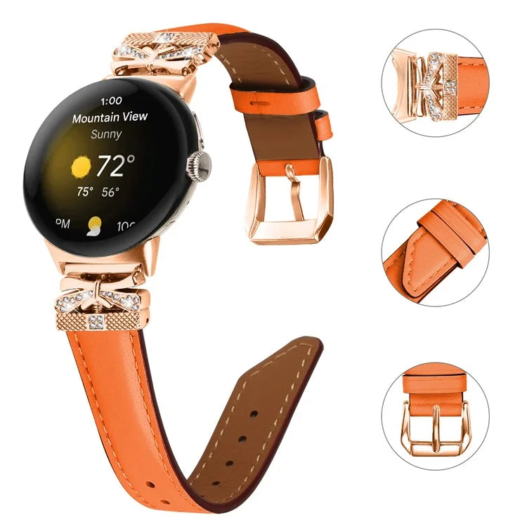 For Google Pixel Watch Genuine Cowhide Leather Watch Strap Rhinestone Design (Rose Gold Buckle)