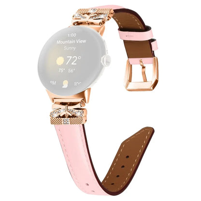 For Google Pixel Watch Genuine Cowhide Leather Watch Strap Rhinestone Design (Rose Gold Buckle)