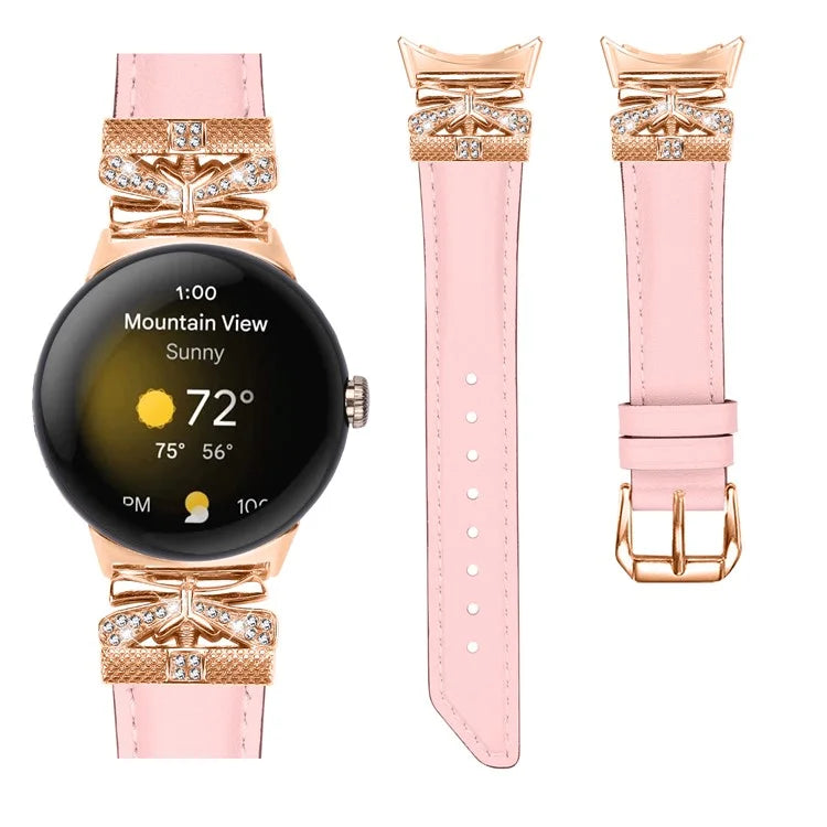 For Google Pixel Watch Genuine Cowhide Leather Watch Strap Rhinestone Design (Rose Gold Buckle)
