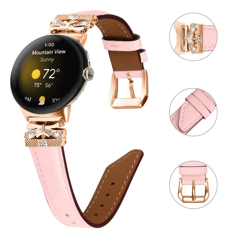 For Google Pixel Watch Genuine Cowhide Leather Watch Strap Rhinestone Design (Rose Gold Buckle)