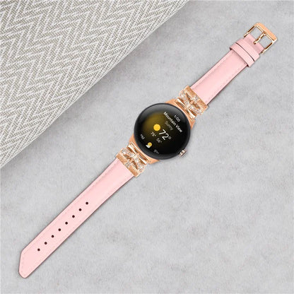 For Google Pixel Watch Genuine Cowhide Leather Watch Strap Rhinestone Design (Rose Gold Buckle)