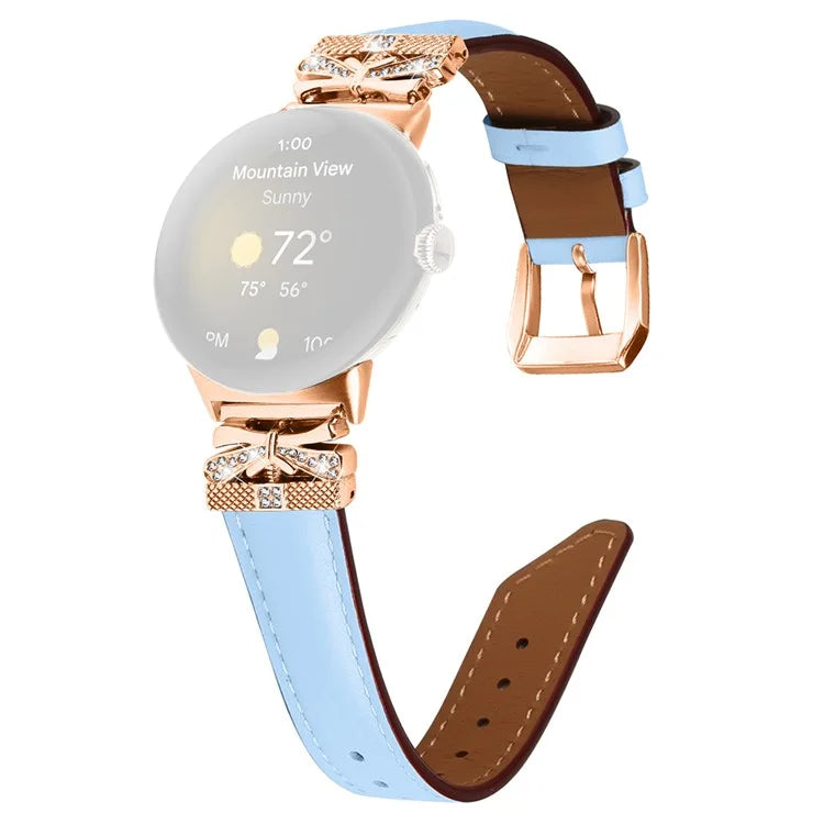 For Google Pixel Watch Genuine Cowhide Leather Watch Strap Rhinestone Design (Rose Gold Buckle)