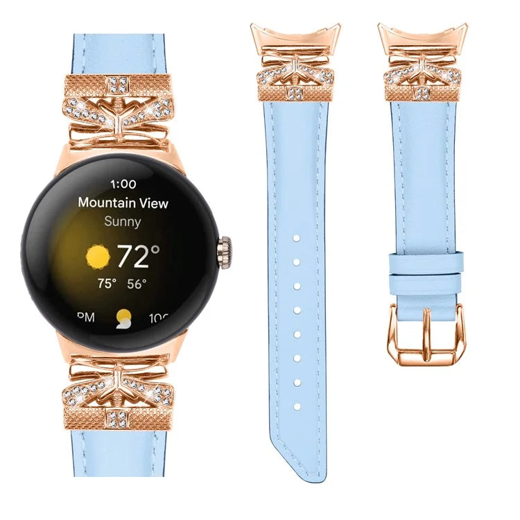 For Google Pixel Watch Genuine Cowhide Leather Watch Strap Rhinestone Design (Rose Gold Buckle)