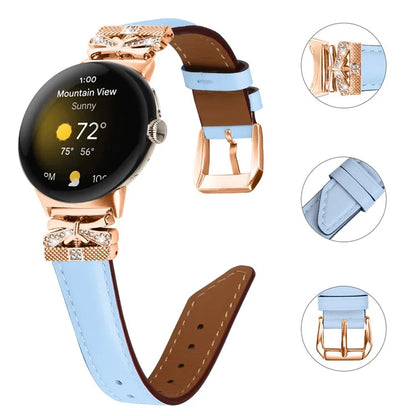For Google Pixel Watch Genuine Cowhide Leather Watch Strap Rhinestone Design (Rose Gold Buckle)