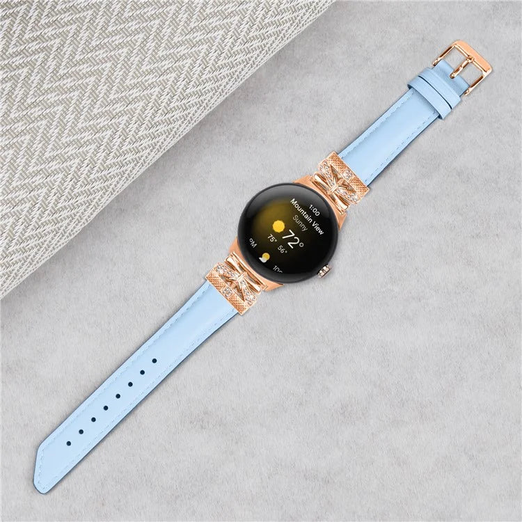 For Google Pixel Watch Genuine Cowhide Leather Watch Strap Rhinestone Design (Rose Gold Buckle)