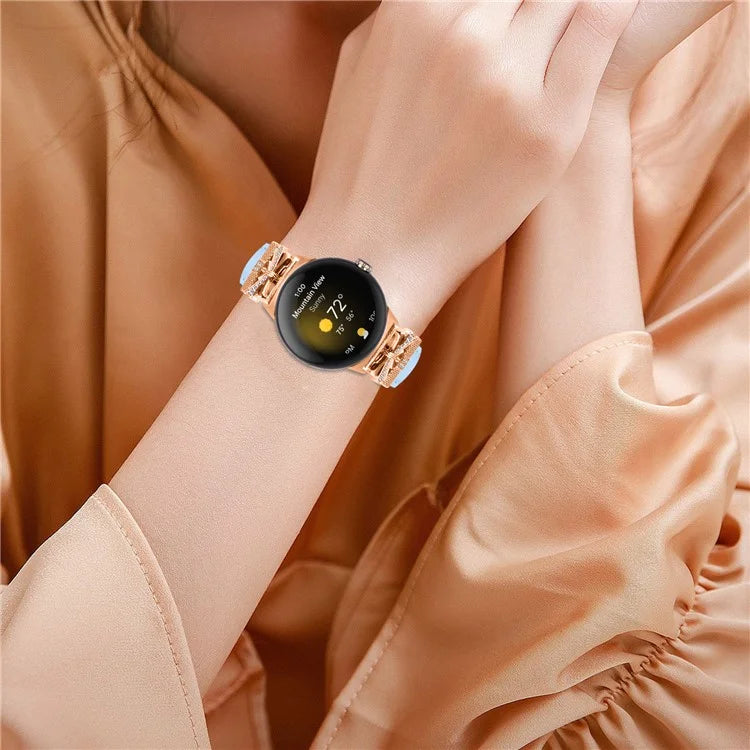 For Google Pixel Watch Genuine Cowhide Leather Watch Strap Rhinestone Design (Rose Gold Buckle)