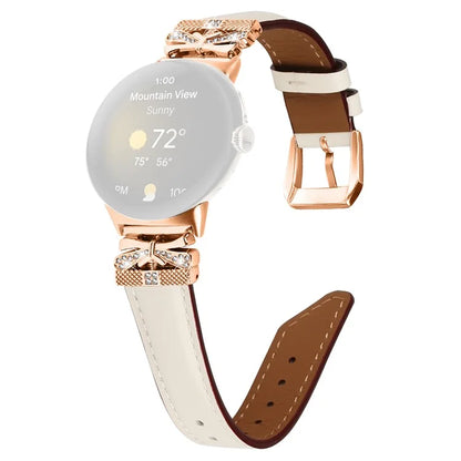 For Google Pixel Watch Genuine Cowhide Leather Watch Strap Rhinestone Design (Rose Gold Buckle)