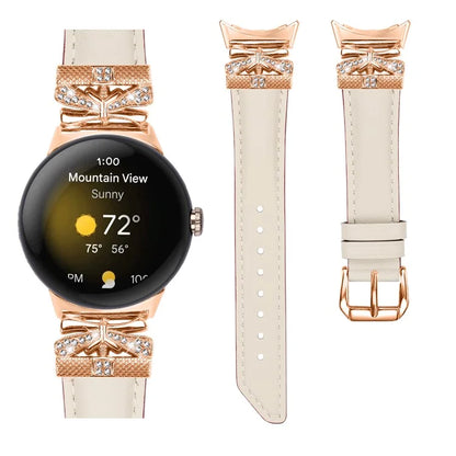 For Google Pixel Watch Genuine Cowhide Leather Watch Strap Rhinestone Design (Rose Gold Buckle)