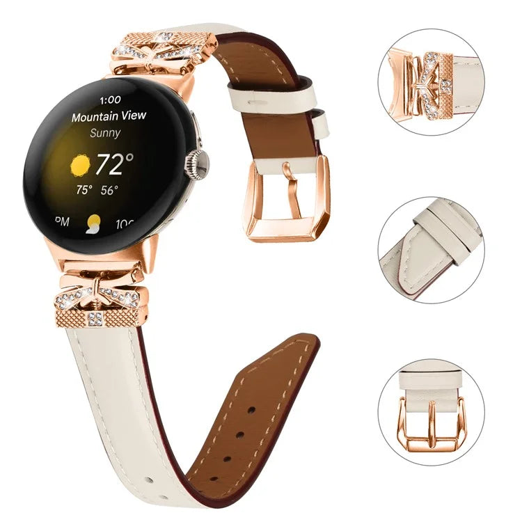 For Google Pixel Watch Genuine Cowhide Leather Watch Strap Rhinestone Design (Rose Gold Buckle)