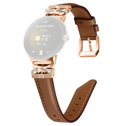 For Google Pixel Watch Genuine Cowhide Leather Watch Strap Rhinestone Design (Rose Gold Buckle)
