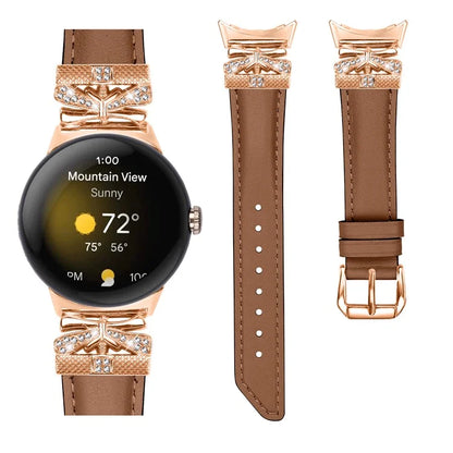 For Google Pixel Watch Genuine Cowhide Leather Watch Strap Rhinestone Design (Rose Gold Buckle)