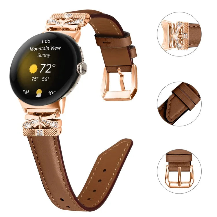 For Google Pixel Watch Genuine Cowhide Leather Watch Strap Rhinestone Design (Rose Gold Buckle)