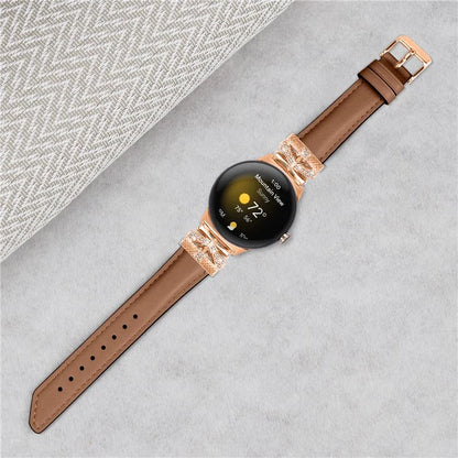 For Google Pixel Watch Genuine Cowhide Leather Watch Strap Rhinestone Design (Rose Gold Buckle)