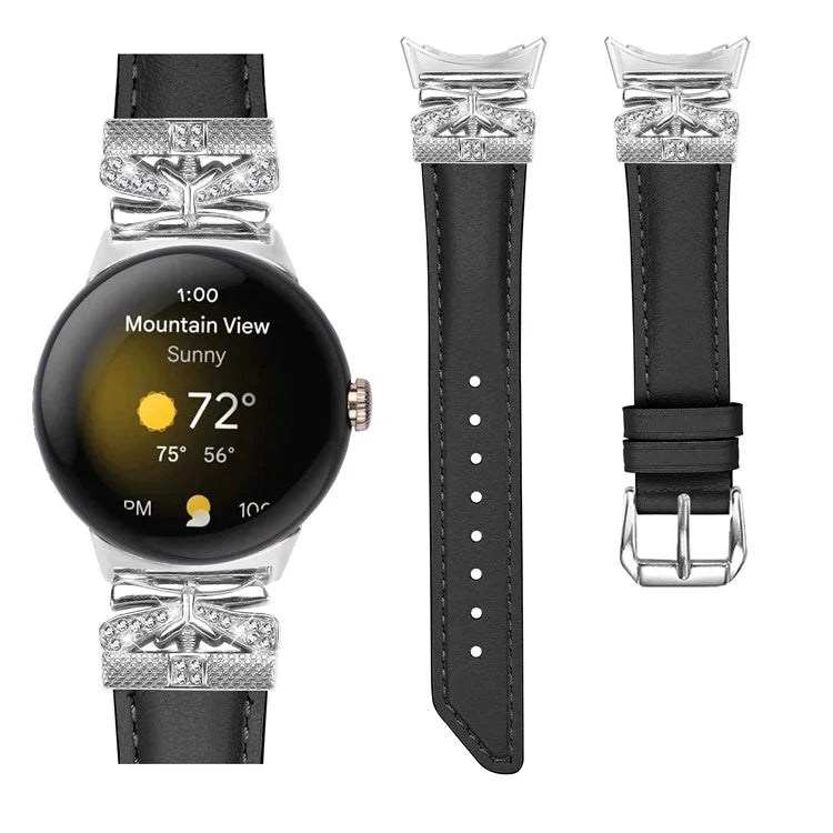 For Google Pixel Watch Rhinestone Genuine Cowhide Leather Watch Strap (Silver Buckle)